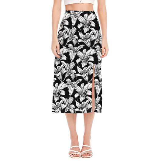 Black And White Lily Pattern Print Side Slit Midi Skirt