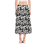 Black And White Lily Pattern Print Side Slit Midi Skirt