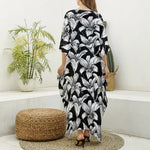Black And White Lily Pattern Print Silk V-Neck Kaftan Dress