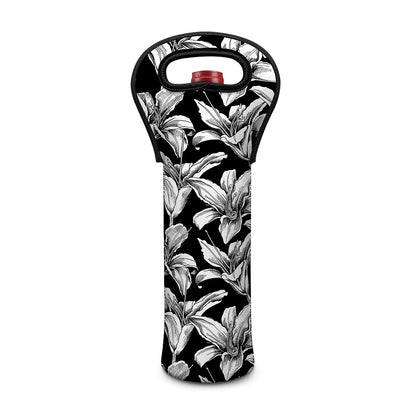 Black And White Lily Pattern Print Single Neoprene Wine Tote
