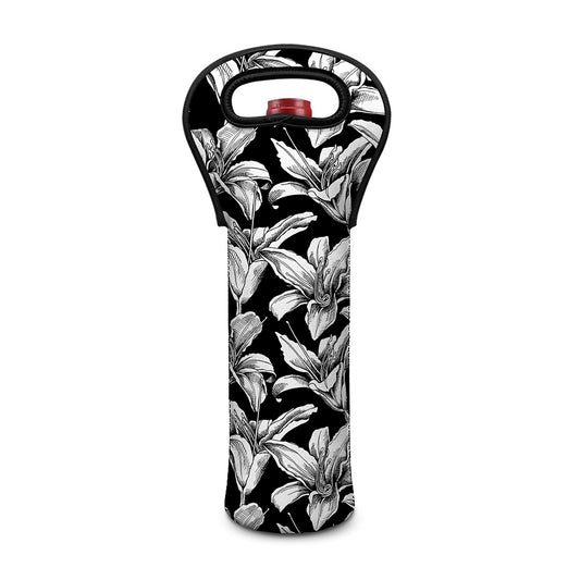 Black And White Lily Pattern Print Single Neoprene Wine Tote