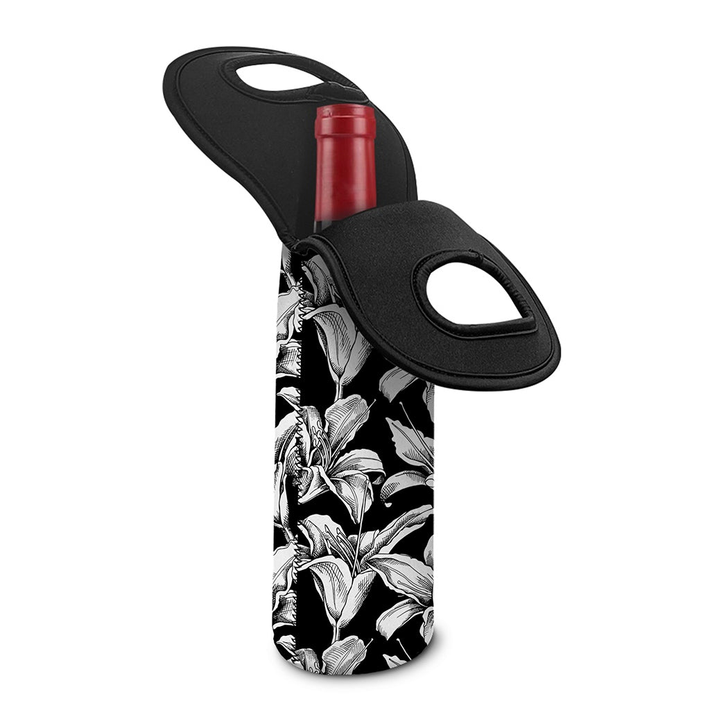 Black And White Lily Pattern Print Single Neoprene Wine Tote