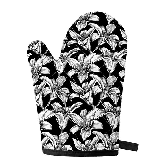 Black And White Lily Pattern Print Single Oven Mitt