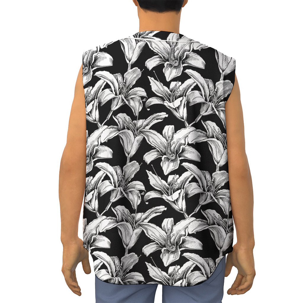 Black And White Lily Pattern Print Sleeveless Baseball Jersey
