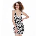 Black And White Lily Pattern Print Sleeveless Bodycon Dress