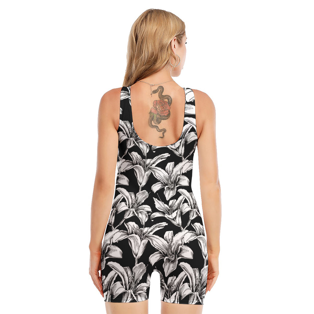 Black And White Lily Pattern Print Sleeveless One Piece Swimsuit