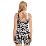 Black And White Lily Pattern Print Sleeveless One Piece Swimsuit