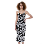 Black And White Lily Pattern Print Slim Fit Midi Cami Dress