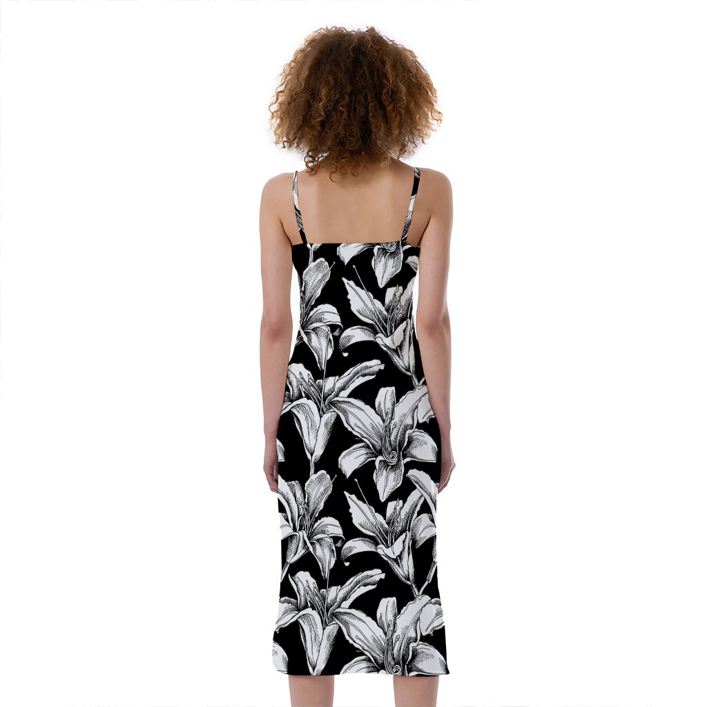 Black And White Lily Pattern Print Slim Fit Midi Cami Dress