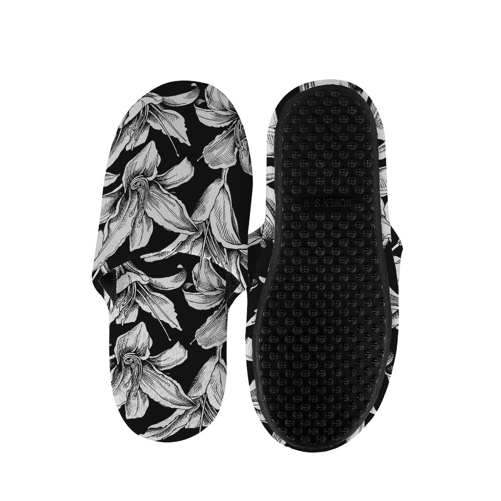 Black And White Lily Pattern Print Slippers