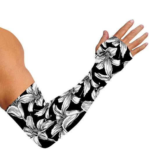 Black And White Lily Pattern Print Sun Protection Arm Sleeves