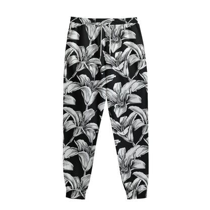 Black And White Lily Pattern Print Sweatpants