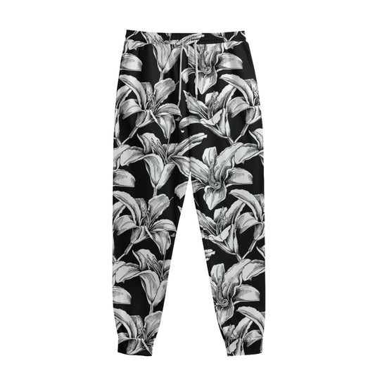 Black And White Lily Pattern Print Sweatpants