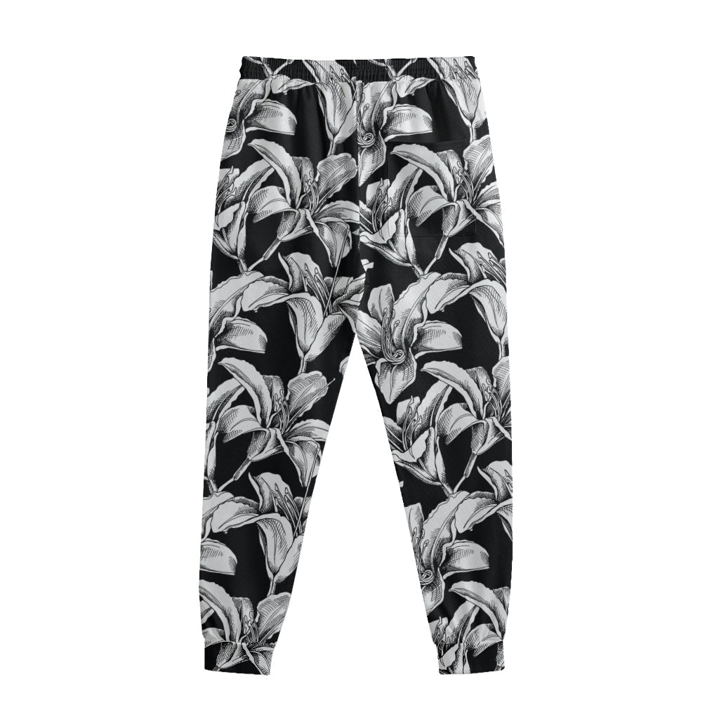 Black And White Lily Pattern Print Sweatpants