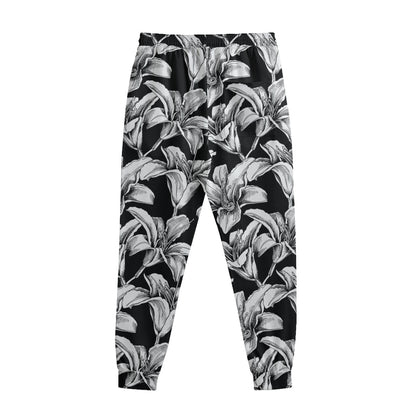Black And White Lily Pattern Print Sweatpants