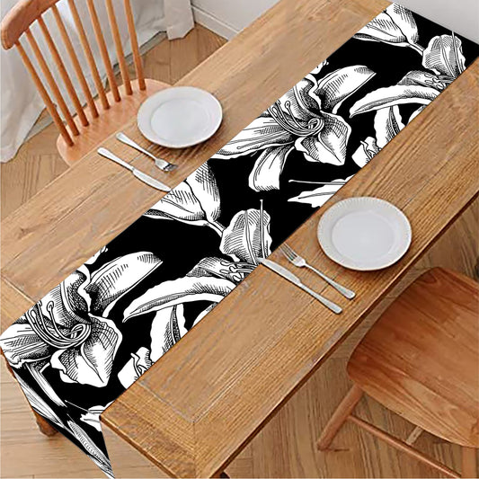Black And White Lily Pattern Print Table Runner