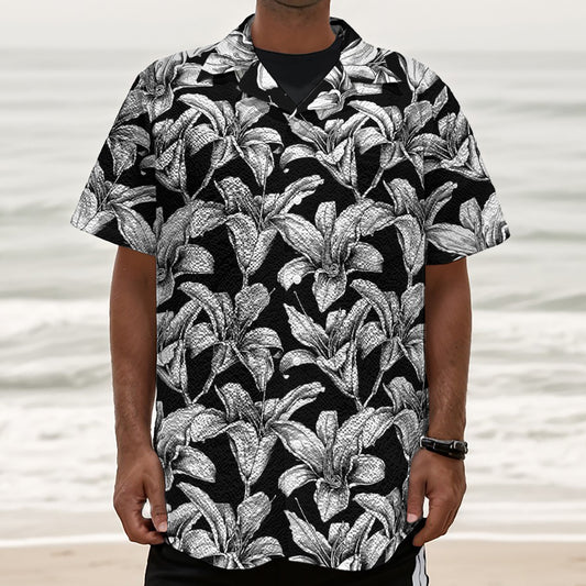 Black And White Lily Pattern Print Textured Short Sleeve Shirt