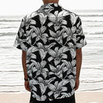 Black And White Lily Pattern Print Textured Short Sleeve Shirt