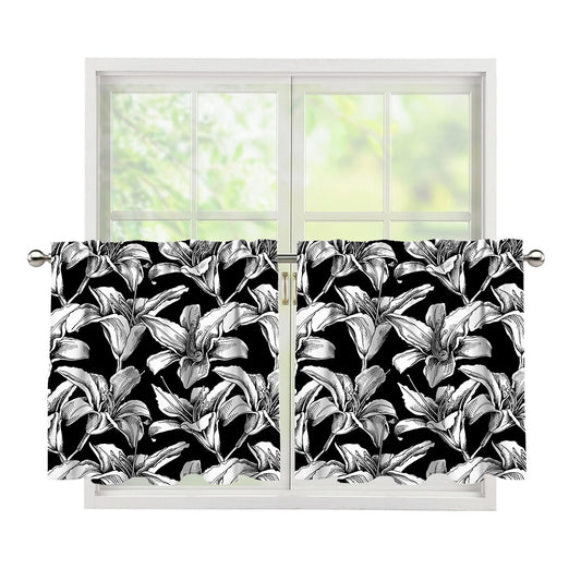 Black And White Lily Pattern Print Tier Curtains