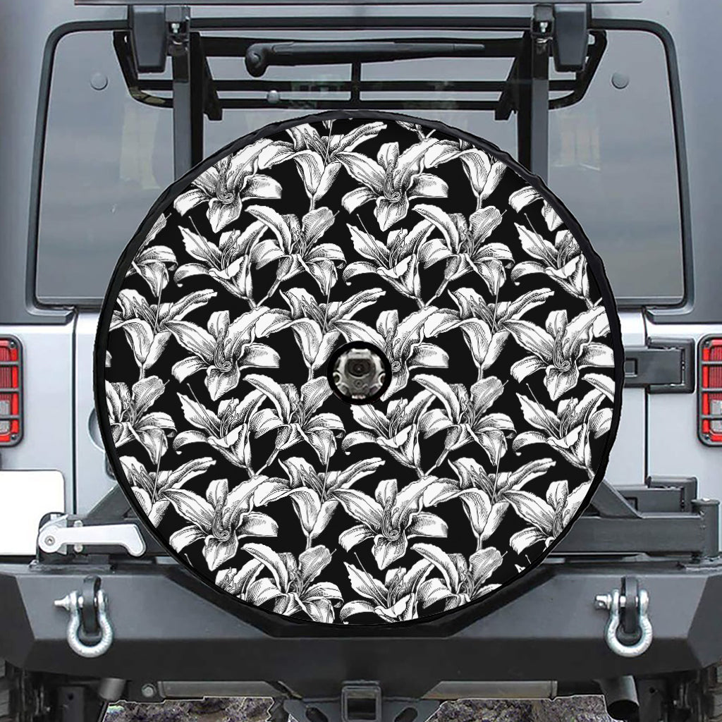 Black And White Lily Pattern Print Tire Cover With Camera Hole