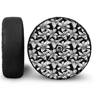 Black And White Lily Pattern Print Tire Cover With Camera Hole