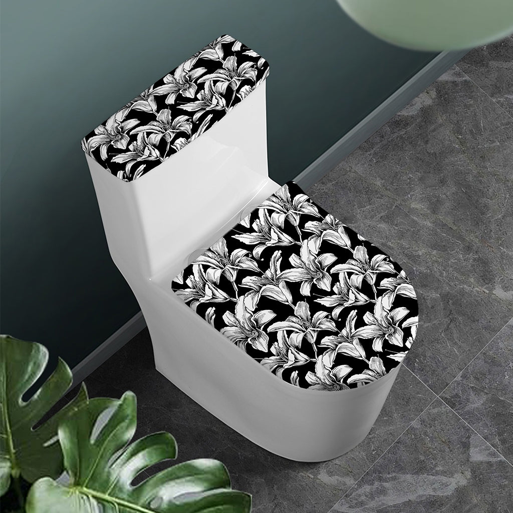 Black And White Lily Pattern Print Toilet Lid And Tank Cover Set
