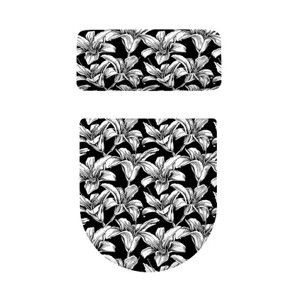 Black And White Lily Pattern Print Toilet Lid And Tank Cover Set