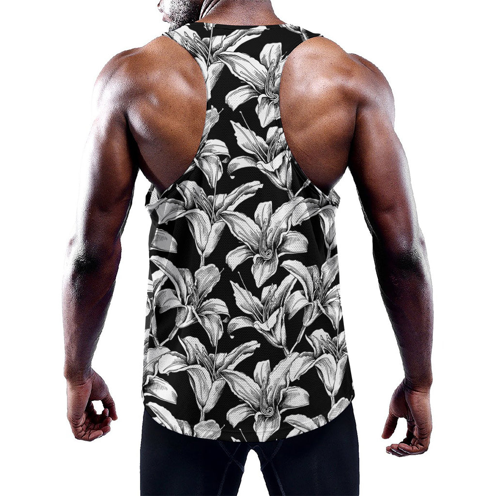 Black And White Lily Pattern Print Training Tank Top