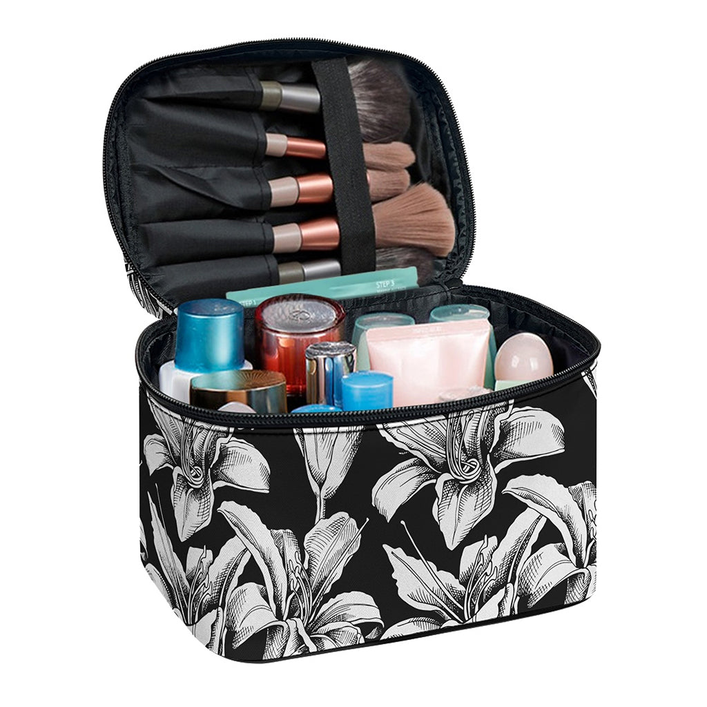 Black And White Lily Pattern Print Travel Makeup Bag