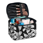 Black And White Lily Pattern Print Travel Makeup Bag