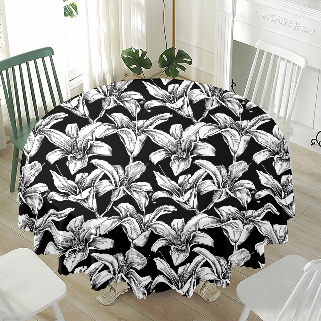 Black And White Lily Pattern Print Waterproof Round Tablecloth