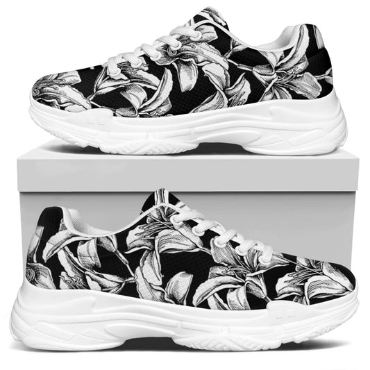 Black And White Lily Pattern Print White Chunky Shoes