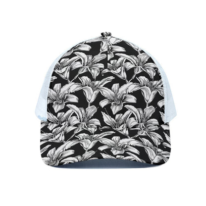 Black And White Lily Pattern Print White Mesh Trucker Cap