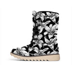 Black And White Lily Pattern Print Winter Boots
