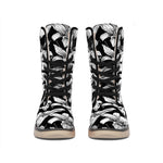 Black And White Lily Pattern Print Winter Boots