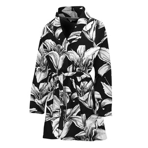 Black And White Lily Pattern Print Women's Bathrobe