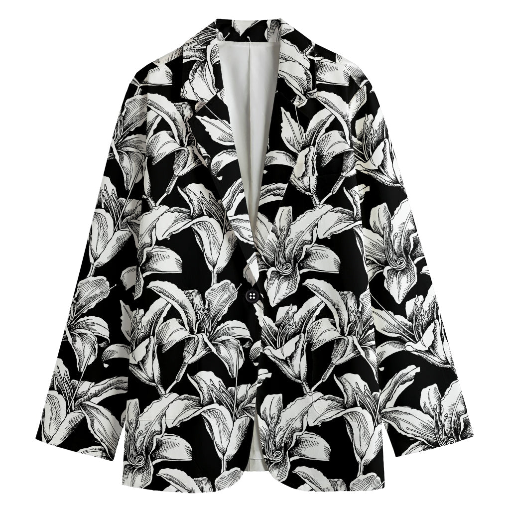 Black And White Lily Pattern Print Women's Blazer