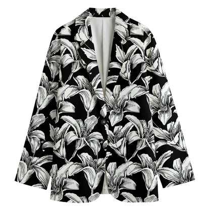Black And White Lily Pattern Print Women's Blazer
