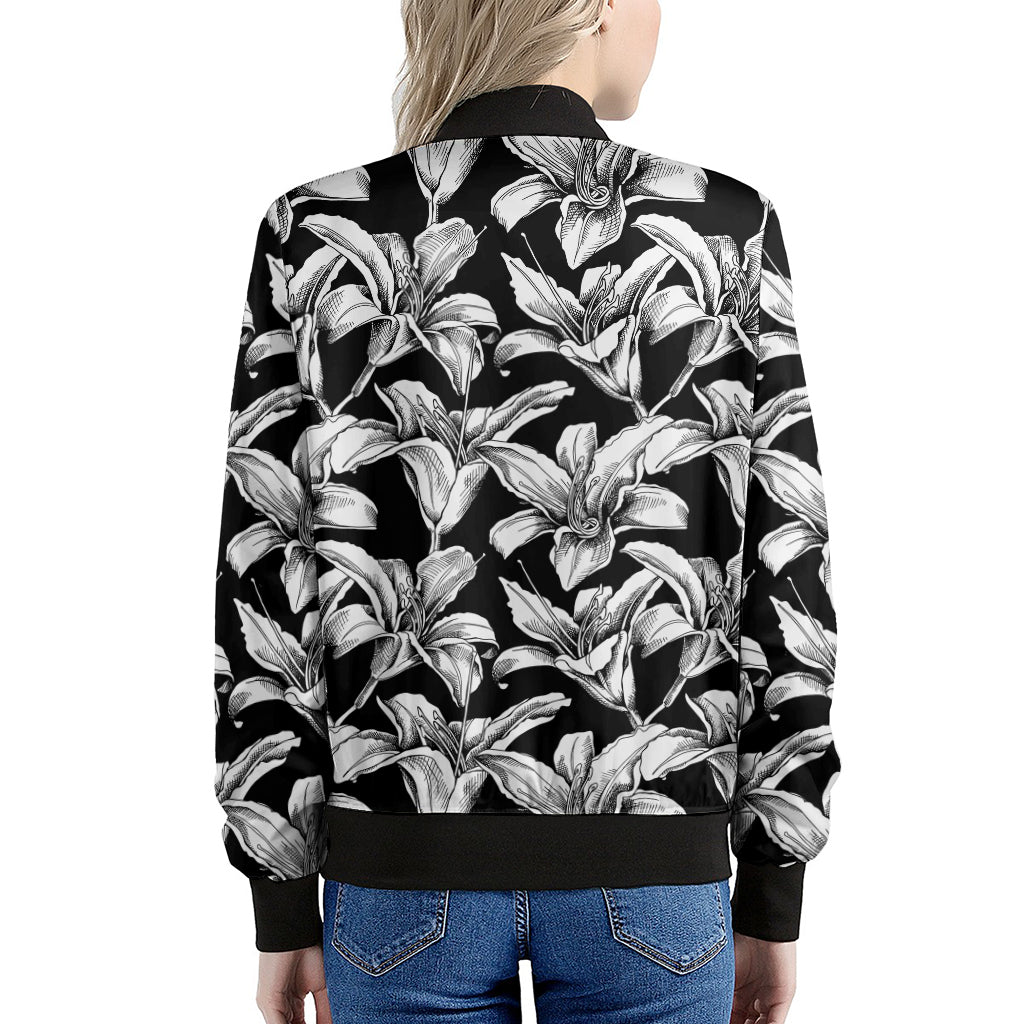 Black And White Lily Pattern Print Women's Bomber Jacket