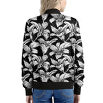 Black And White Lily Pattern Print Women's Bomber Jacket