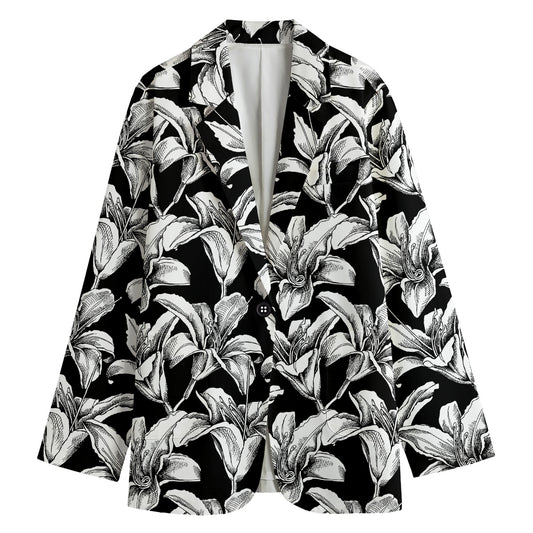 Black And White Lily Pattern Print Women's Cotton Blazer