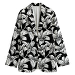 Black And White Lily Pattern Print Women's Cotton Blazer