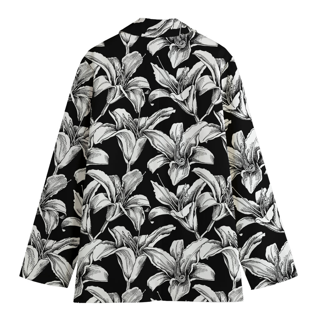 Black And White Lily Pattern Print Women's Cotton Blazer