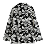 Black And White Lily Pattern Print Women's Cotton Blazer