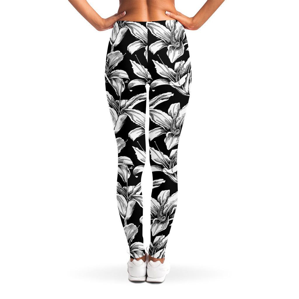 Black And White Lily Pattern Print Women's Leggings