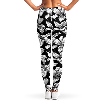 Black And White Lily Pattern Print Women's Leggings