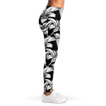 Black And White Lily Pattern Print Women's Leggings