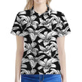 Black And White Lily Pattern Print Women's Polo Shirt