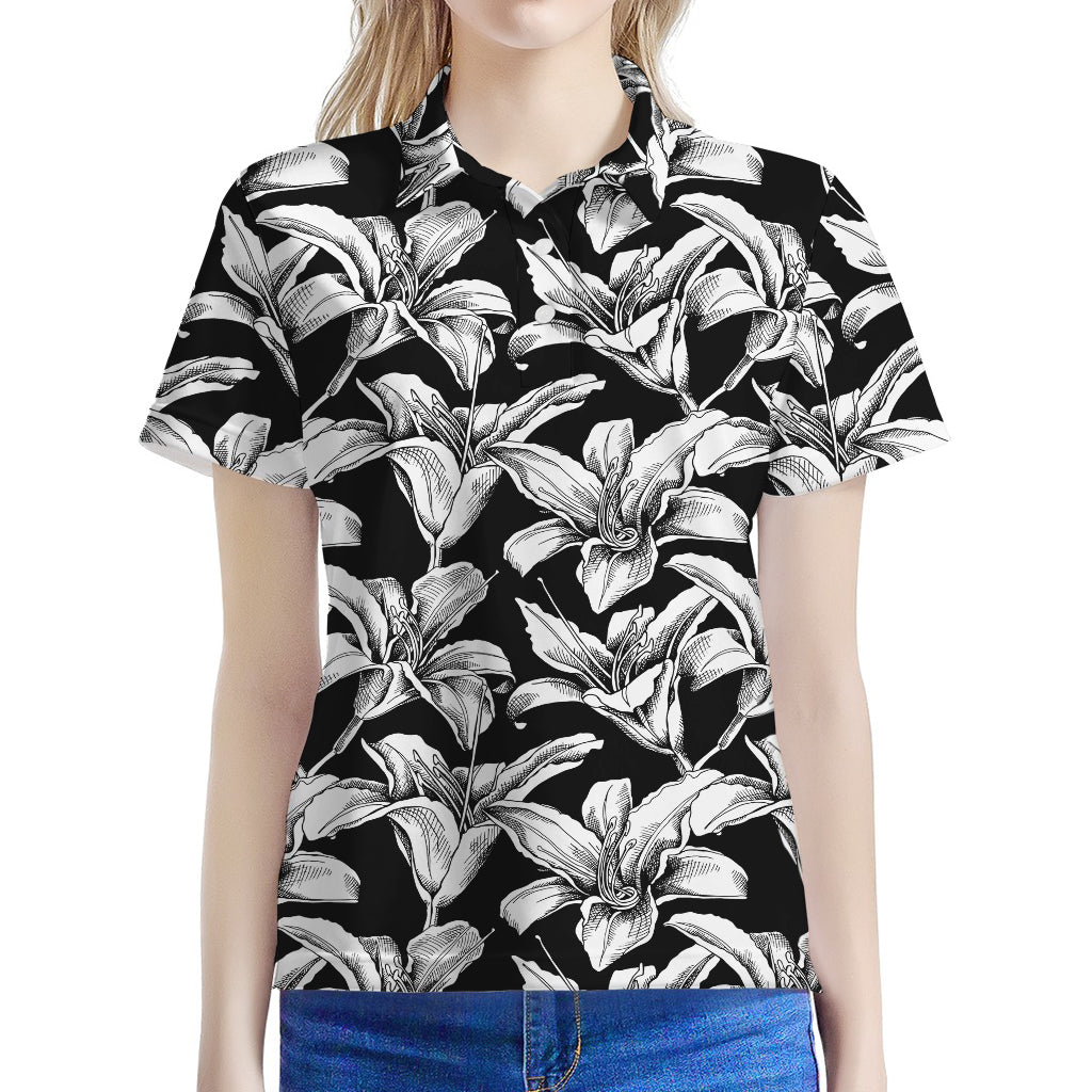 Black And White Lily Pattern Print Women's Polo Shirt