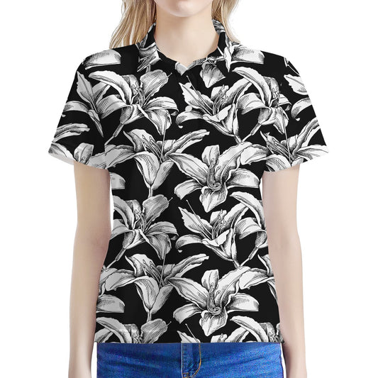 Black And White Lily Pattern Print Women's Polo Shirt